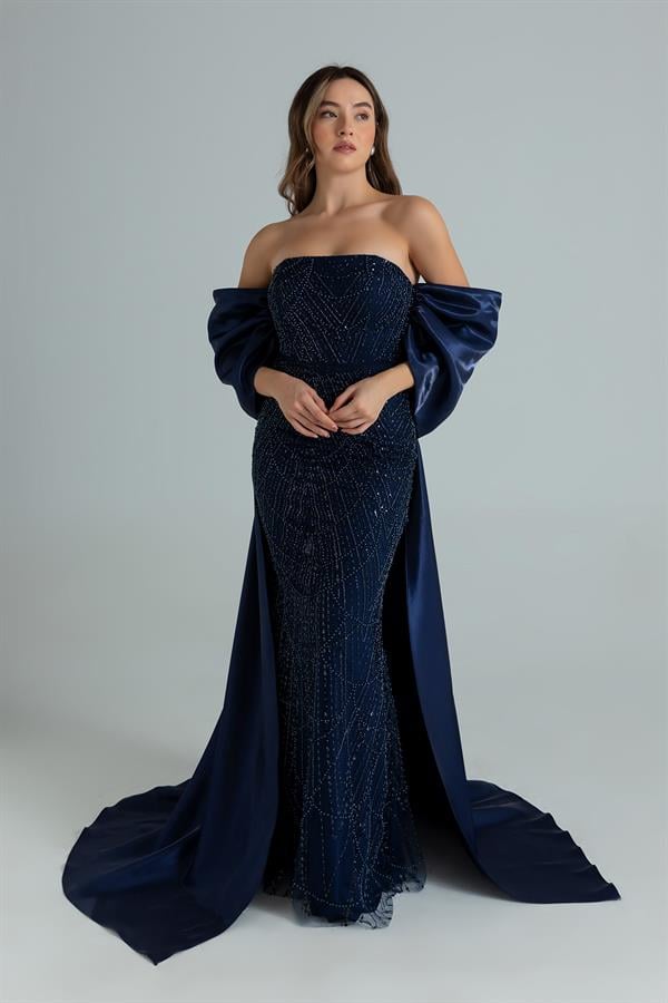 Sırt Fiyonk İşlemeli Abiye - LACİVERT