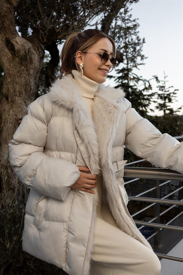 Şişme Kürklü Mont - EKRU
