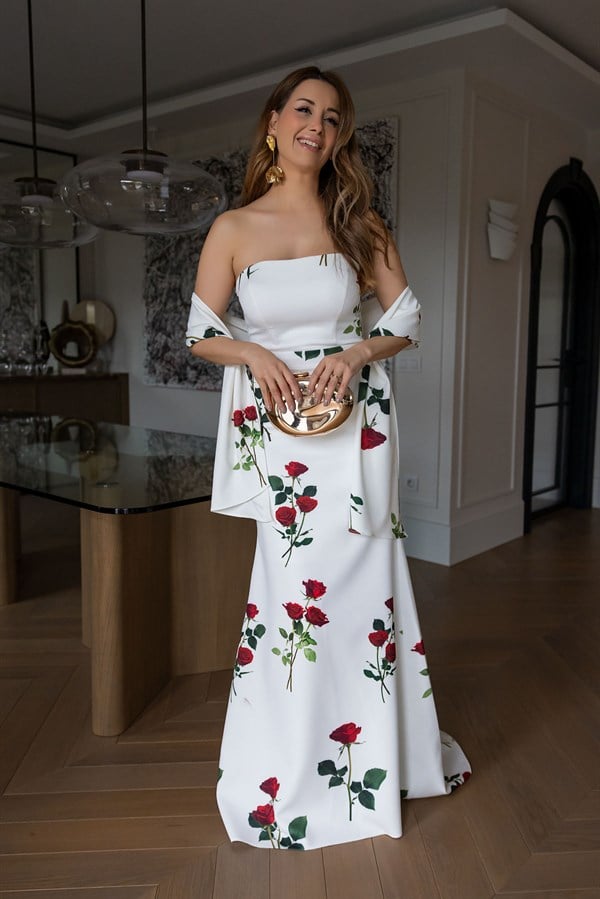 Starplez Gül Desenli Abiye - BEYAZ