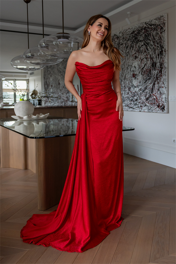 Straplez Bel Drapeli Abiye - KIRMIZI