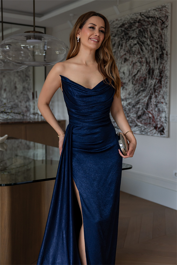 Straplez Bel Drapeli Abiye - LACİVERT