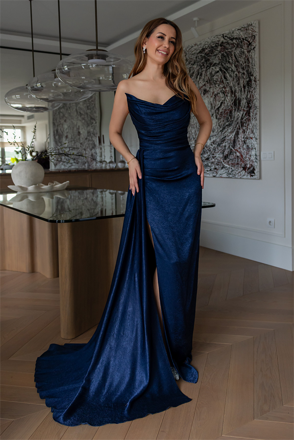 Straplez Bel Drapeli Abiye - LACİVERT