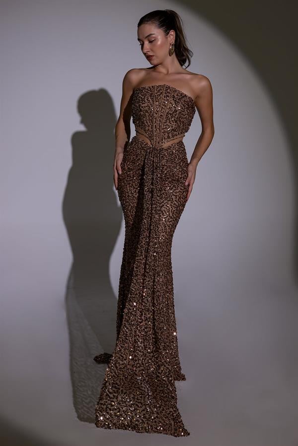 Straplez Bel Transparan Abiye - BRONZ