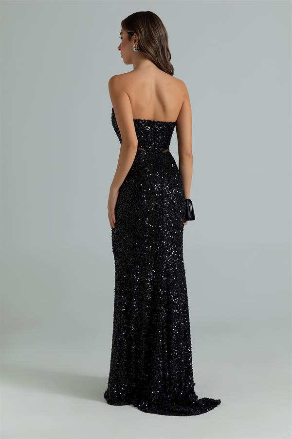 Straplez Bel Transparan Abiye - SİYAH