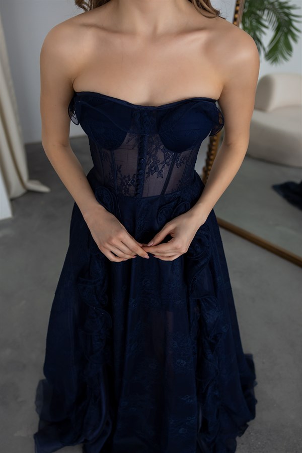 Straplez Çift Yırtmaçlı Abiye - LACİVERT