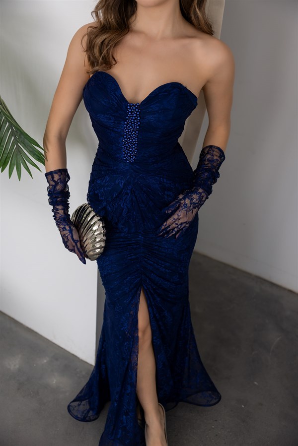 Straplez Dantel Abiye - LACİVERT