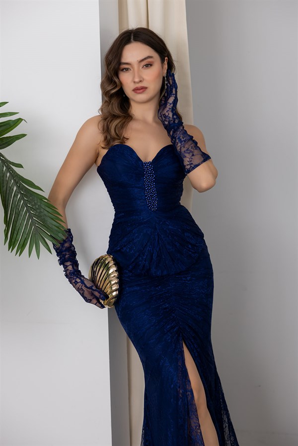 Straplez Dantel Abiye - LACİVERT