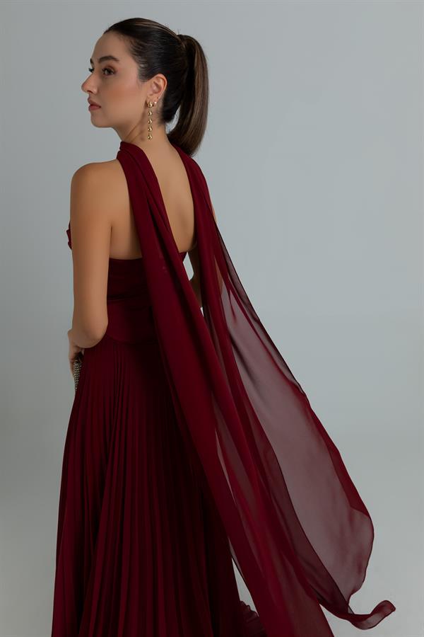 Straplez Fularlı Piliseli Abiye - BORDO