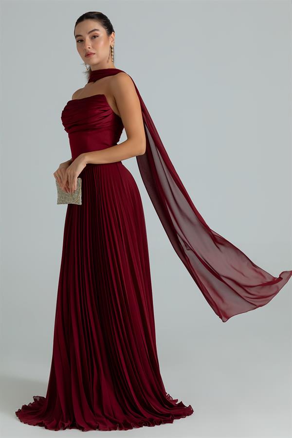 Straplez Fularlı Piliseli Abiye - BORDO