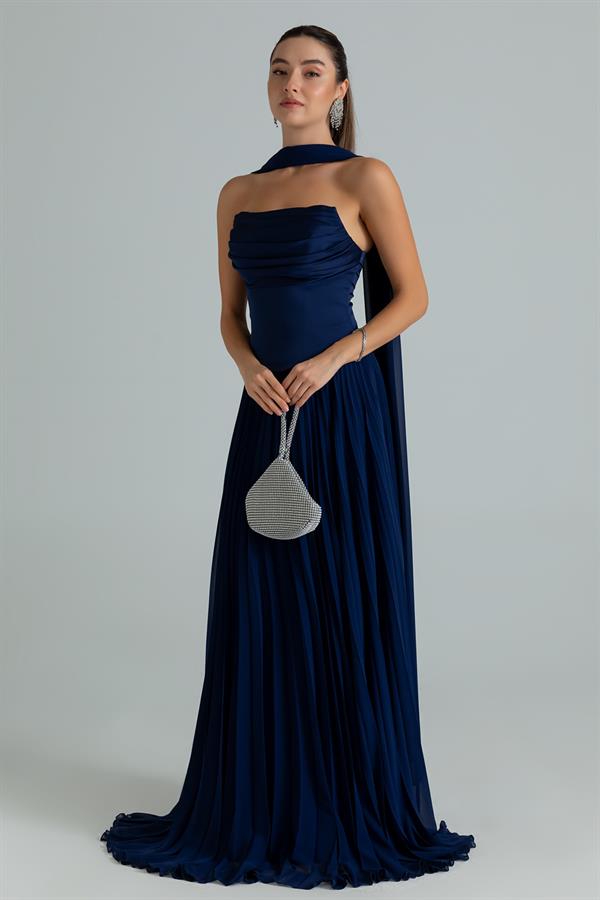 Straplez Fularlı Piliseli Abiye - LACİVERT