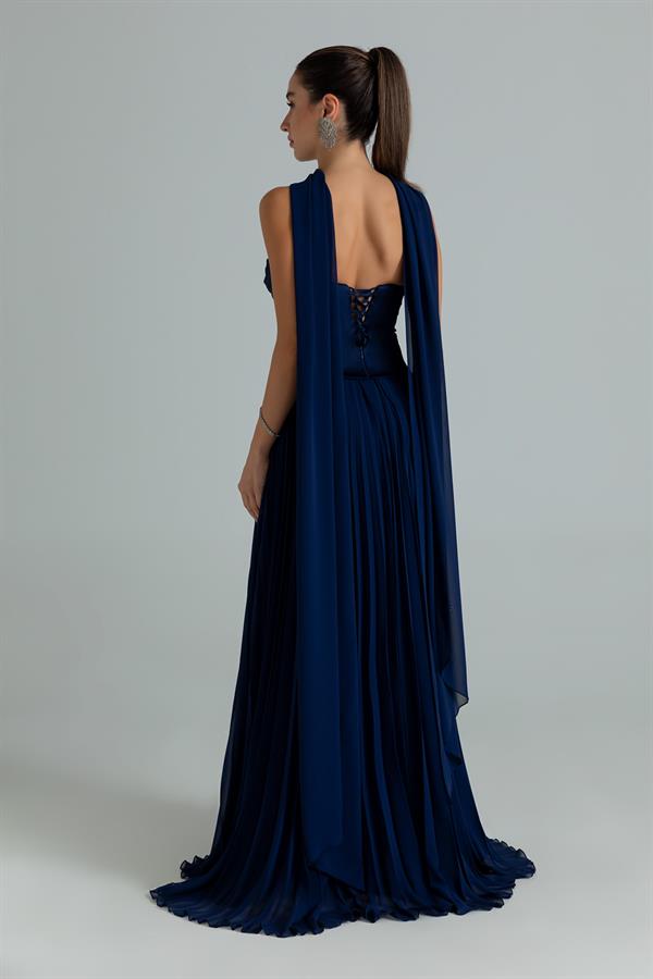 Straplez Fularlı Piliseli Abiye - LACİVERT