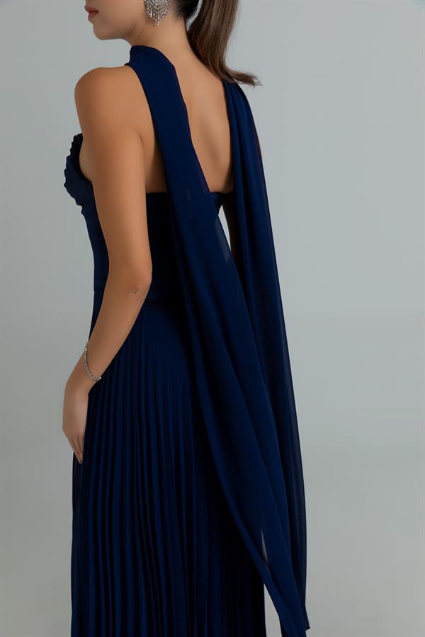 Straplez Fularlı Piliseli Abiye - LACİVERT