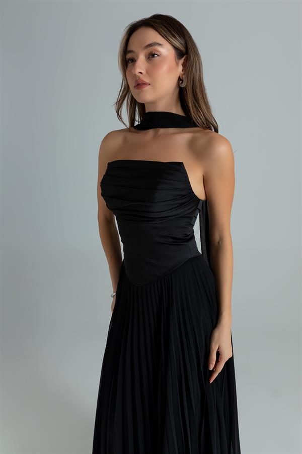 Straplez Fularlı Piliseli Abiye - SİYAH