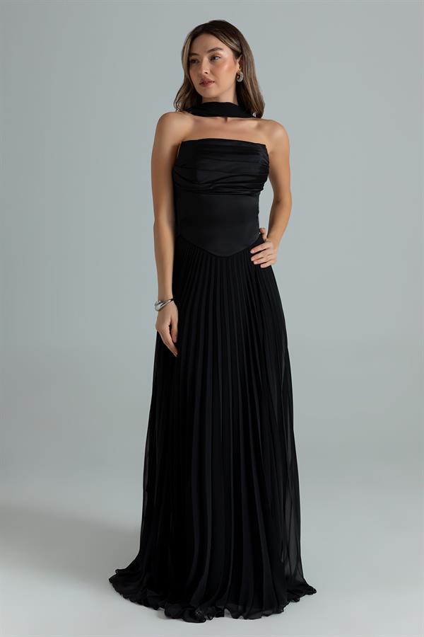 Straplez Fularlı Piliseli Abiye - SİYAH