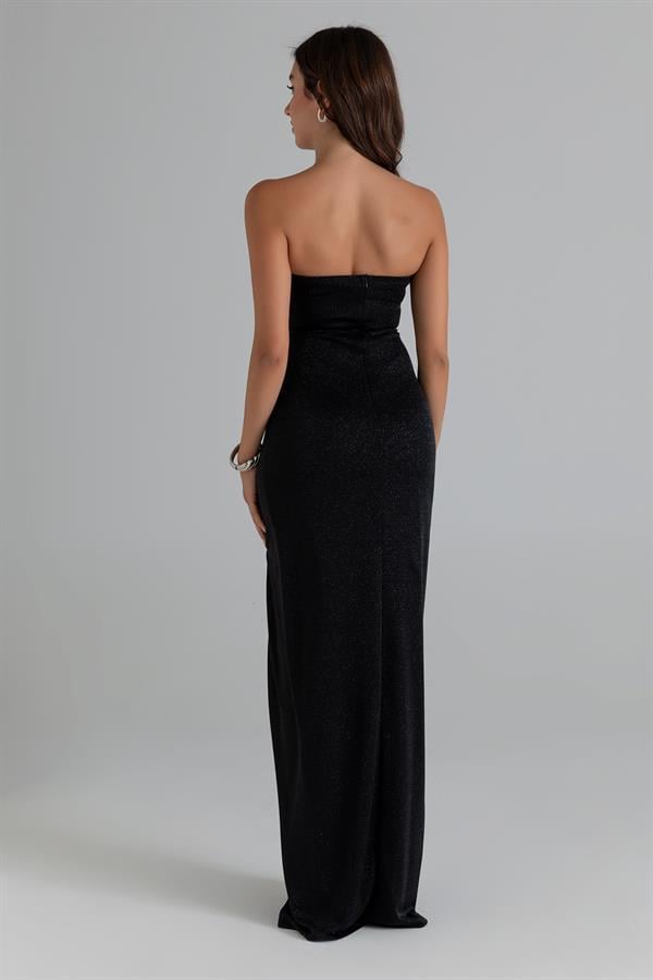 Straplez Göğüs Balenli Abiye - SİYAH