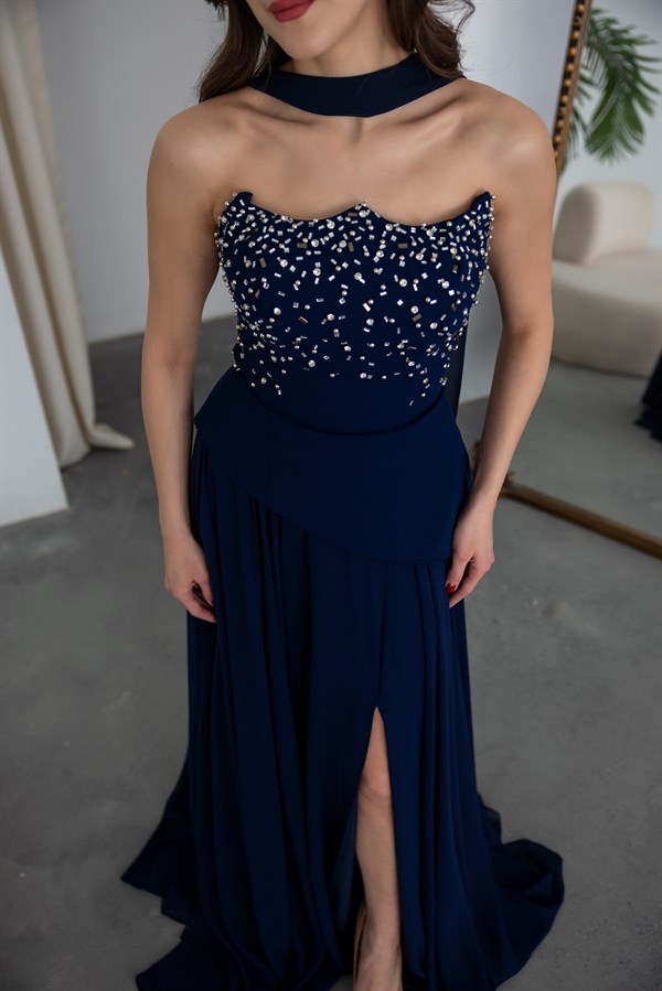 Straplez Göğüs Taş İşlemeli Abiye - LACİVERT