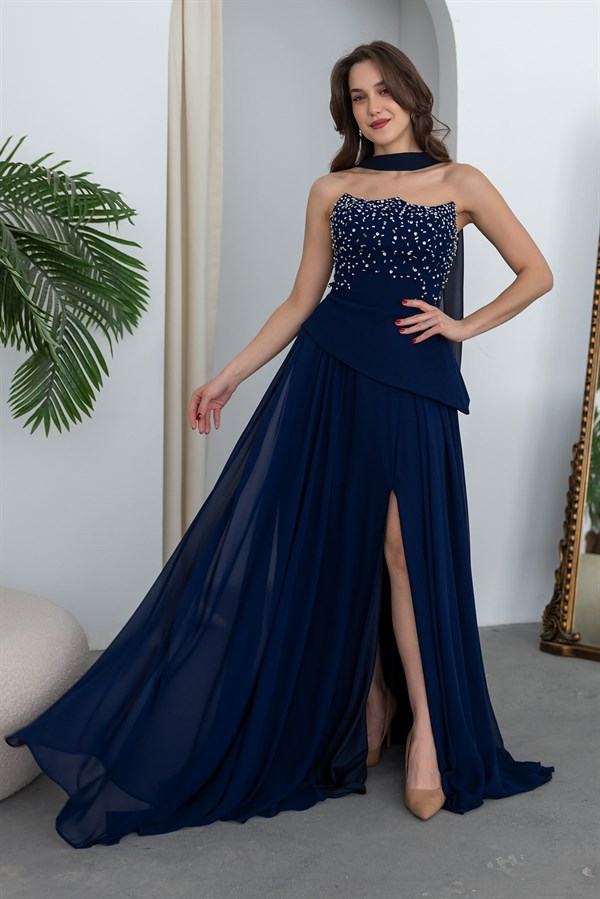 Straplez Göğüs Taş İşlemeli Abiye - LACİVERT