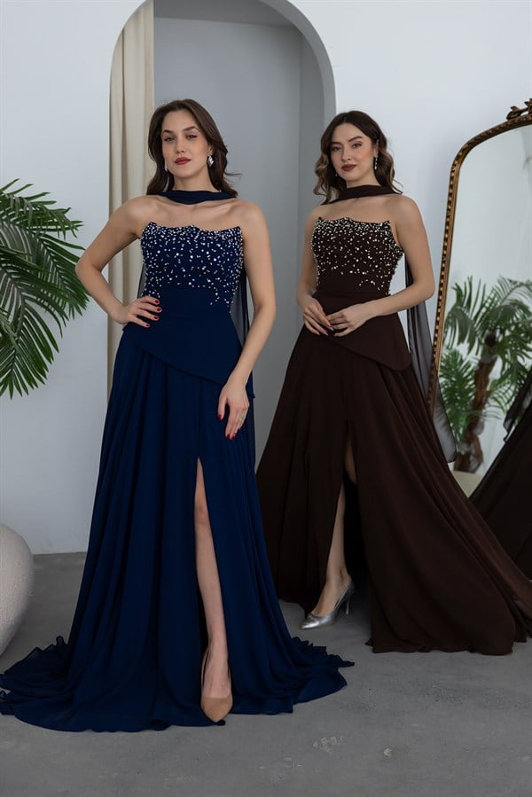 Straplez Göğüs Taş İşlemeli Abiye - LACİVERT