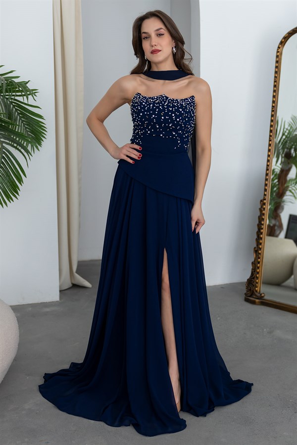 Straplez Göğüs Taş İşlemeli Abiye - LACİVERT