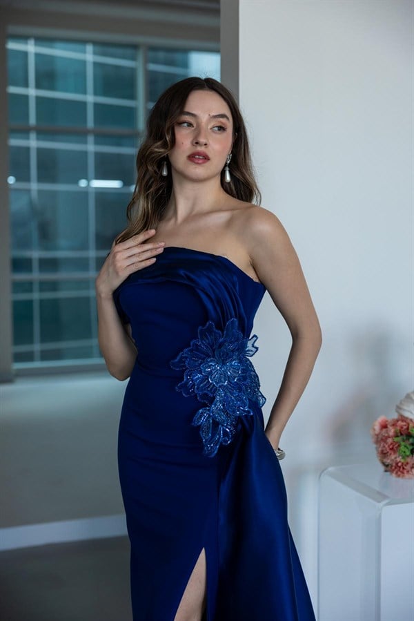 Straplez Gül Detaylı Abiye - LACİVERT
