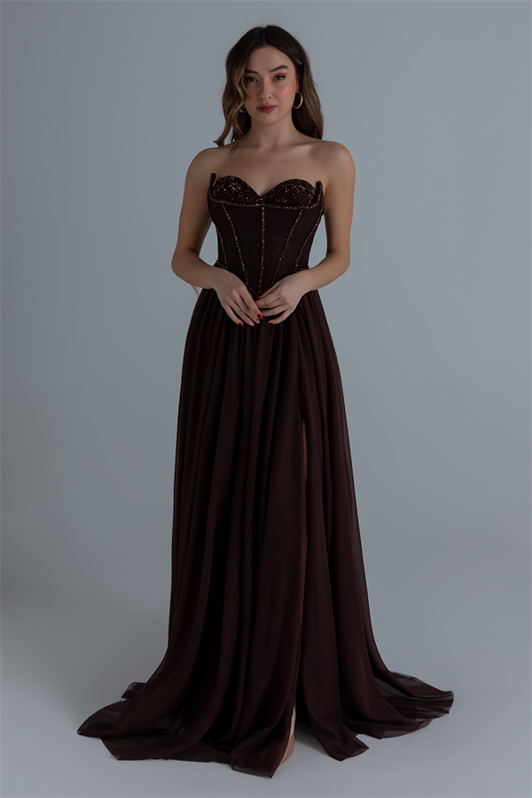 Straplez İşlemeli Kloş Abiye - KAHVERENGİ