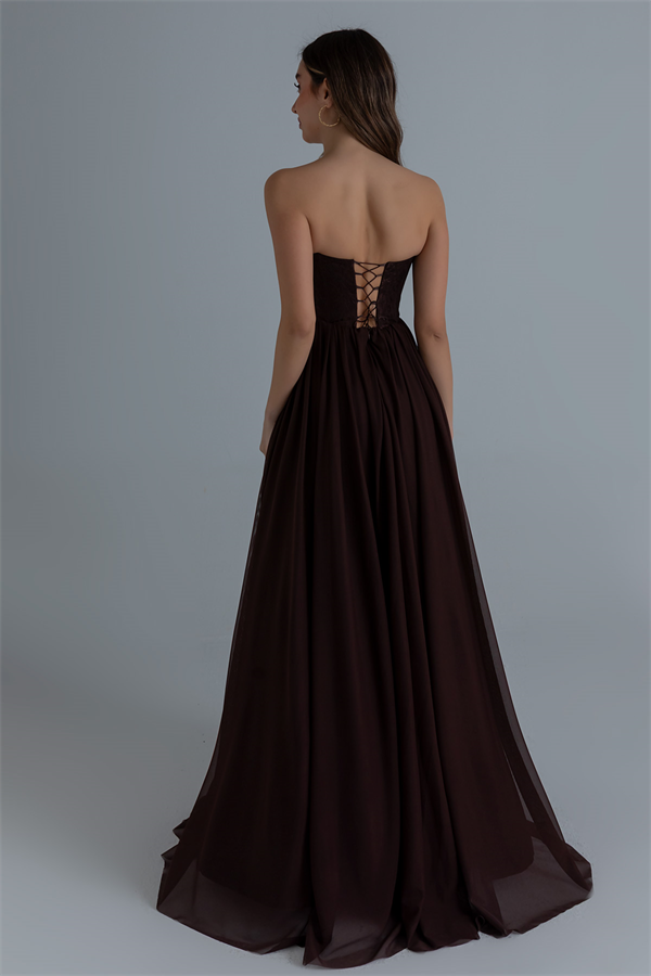 Straplez İşlemeli Kloş Abiye - KAHVERENGİ