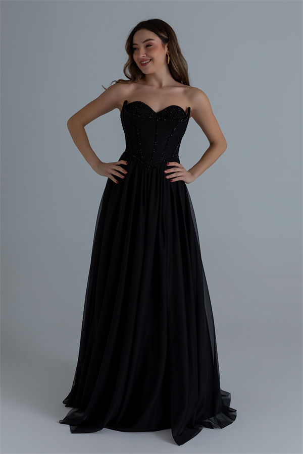 Straplez İşlemeli Kloş abiye - SİYAH