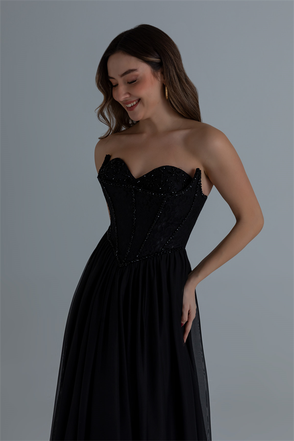 Straplez İşlemeli Kloş Abiye - SİYAH