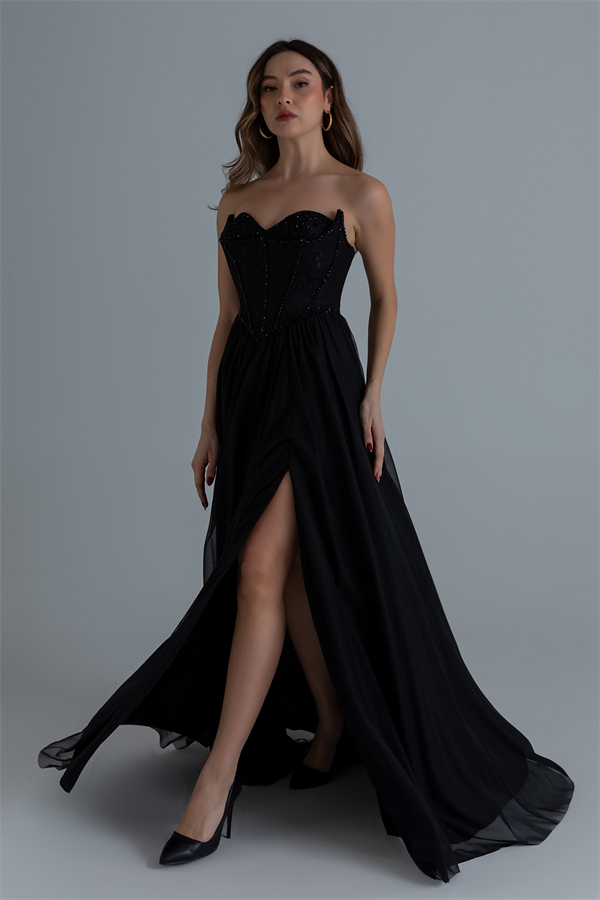 Straplez İşlemeli Kloş Abiye - SİYAH