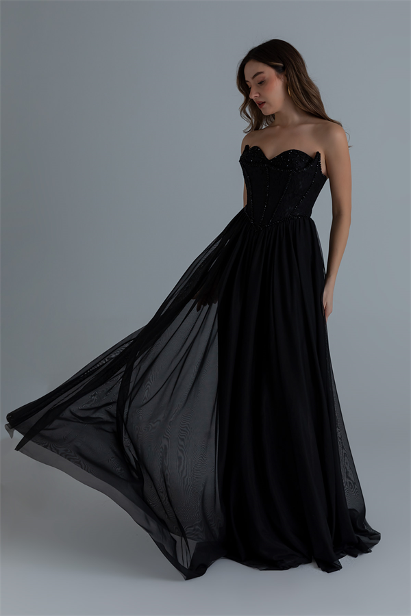 Straplez İşlemeli Kloş Abiye - SİYAH