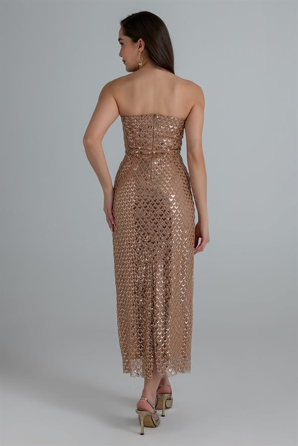 Straplez Payetli Midi Abiye - GOLD