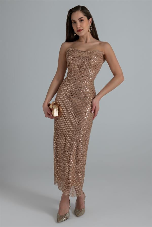 Straplez Payetli Midi Abiye - GOLD