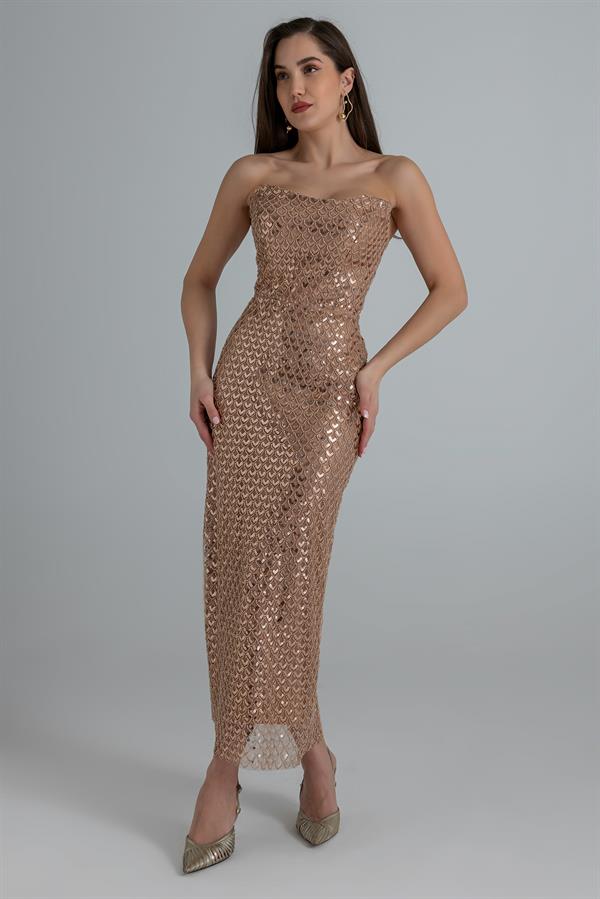 Straplez Payetli Midi Abiye - GOLD