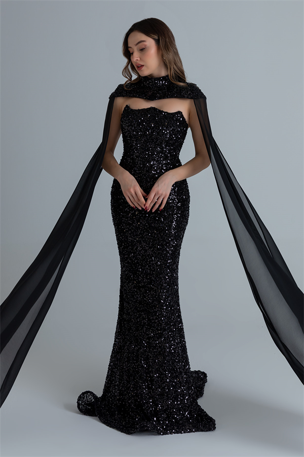 Straplez Pelerinli Abiye - SİYAH