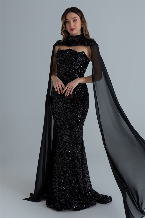 Straplez Pelerinli Abiye - SİYAH