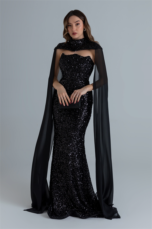 Straplez Pelerinli Abiye - SİYAH