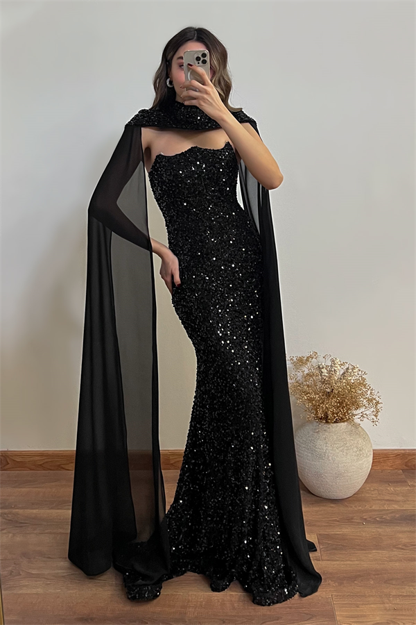 Straplez Pelerinli Abiye - SİYAH