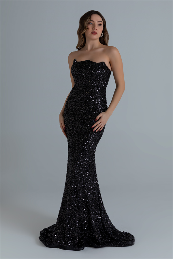 Straplez Pelerinli Abiye - SİYAH