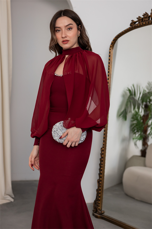 Straplez Pelerinli Elbise - BORDO