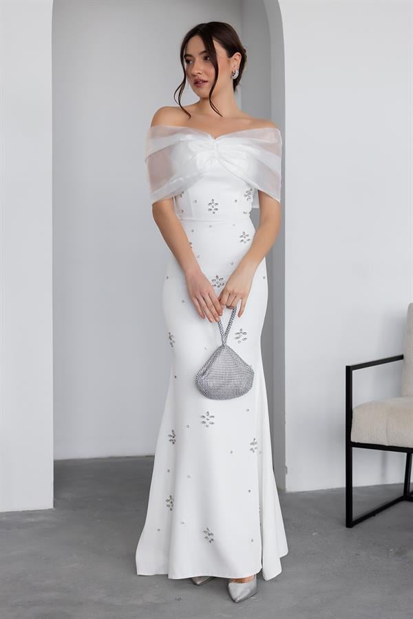 Strapless Stone Embellished Gown - White