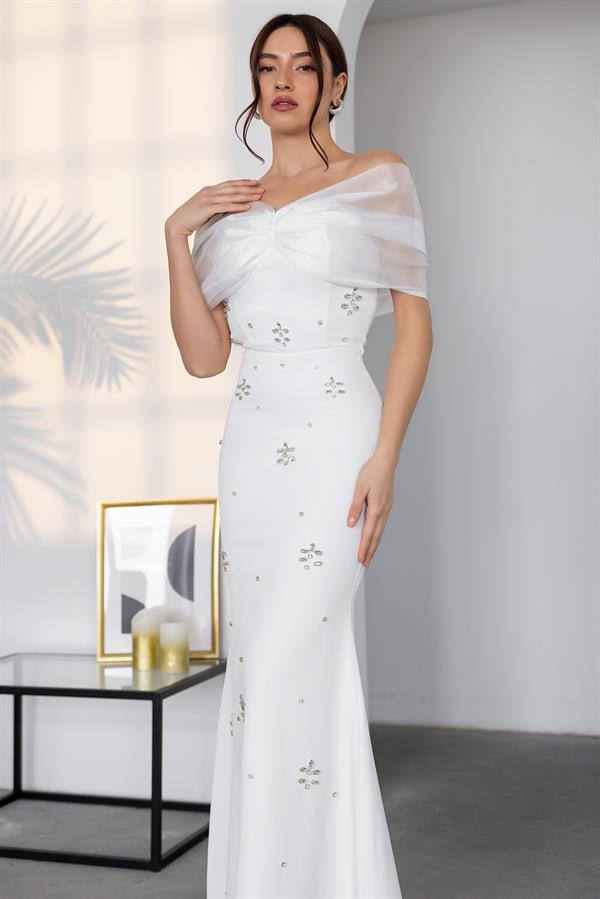Strapless Stone Embellished Gown - White