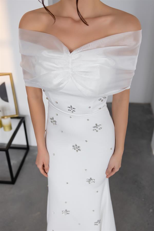 Strapless Stone Embellished Gown - White