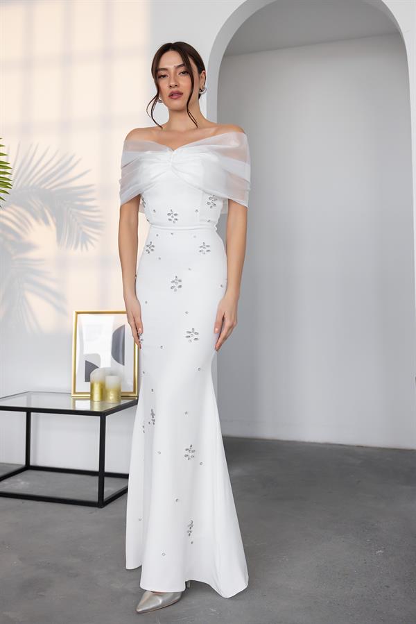 Strapless Stone Embellished Gown - White