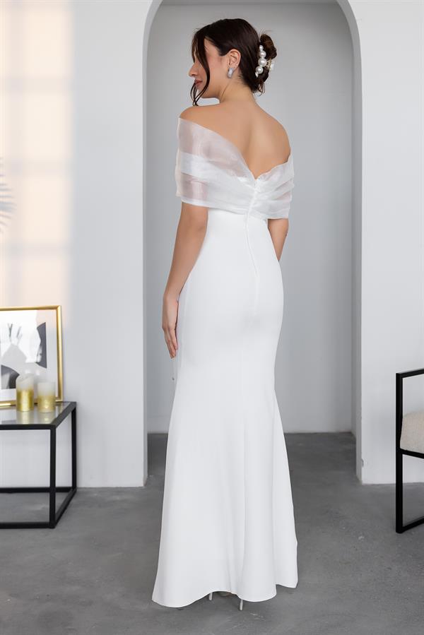 Strapless Stone Embellished Gown - White