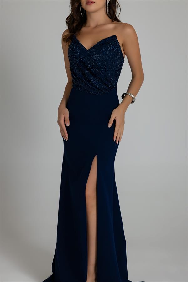 Straplez Yırtmaçlı Abiye - LACİVERT