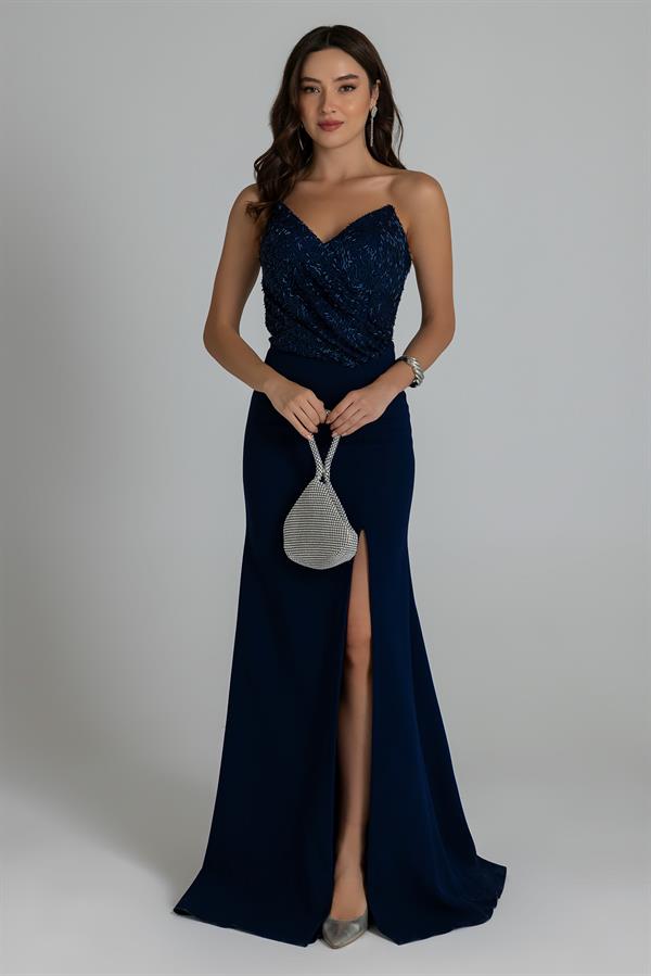 Straplez Yırtmaçlı Abiye - LACİVERT