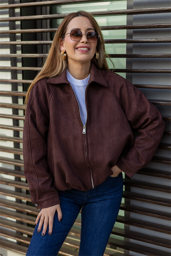 Süet Bomber Ceket - KAHVERENGİ