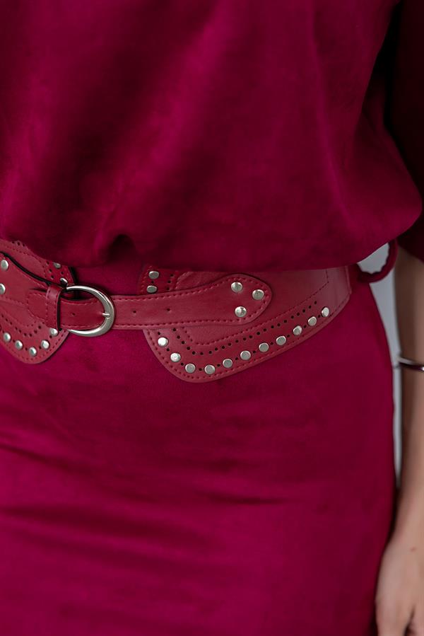 Süet Mini Elbise - BORDO