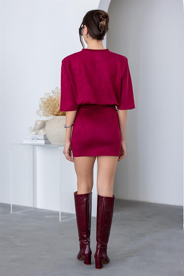 Süet Mini Elbise - BORDO