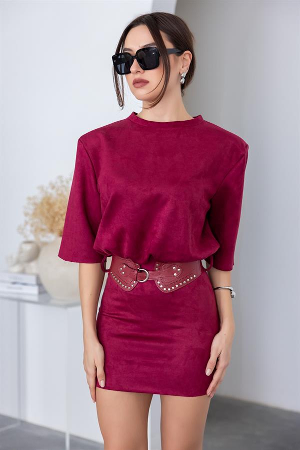Süet Mini Elbise - BORDO